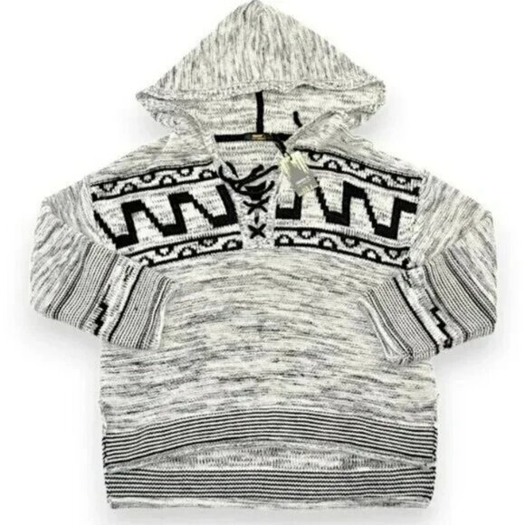 NWT F21 Black White Knit Festival Hippie Bohemian Aztec Hoodie Hooded Sweater S - Picture 1 of 5